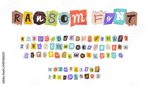 Ransom font. Colorful cutout letters and numbers, newspaper alphabet, random fonts, collage cut paper fragments, anonymous notes abs, English typescript, tidy vector isolated typeface set
