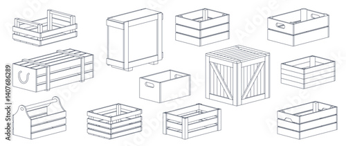 Linear wooden boxes. Closed and open crate packages, isometric outline containers, storage, transportation, export pack, product packaging for warehouse, logistic nowadays vector isolated set