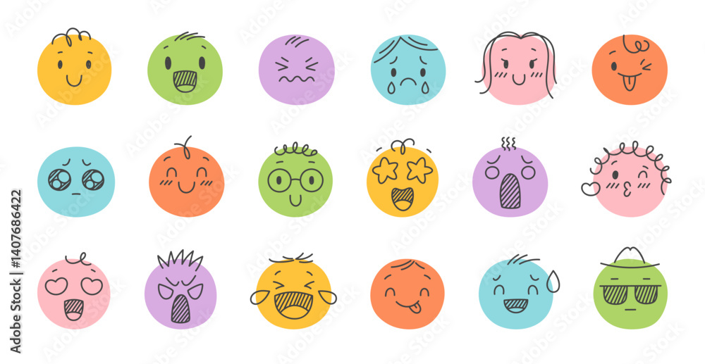 Hand drawn color emoji. Sketchy doodle faces with different emotions, mood expressions, funny smiling, sad stylized heads, social media avatar, stickers classy vector isolated cartoon set