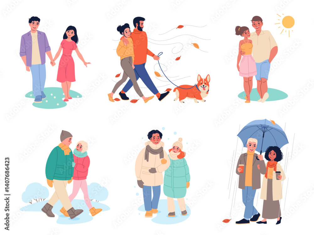 Fototapeta premium Happy couple walking. Different weather strolls, warm and cold seasons, outdoor pastime, people on fresh air, romantic meeting, active lifestyle cartoon flat isolated classy vector set