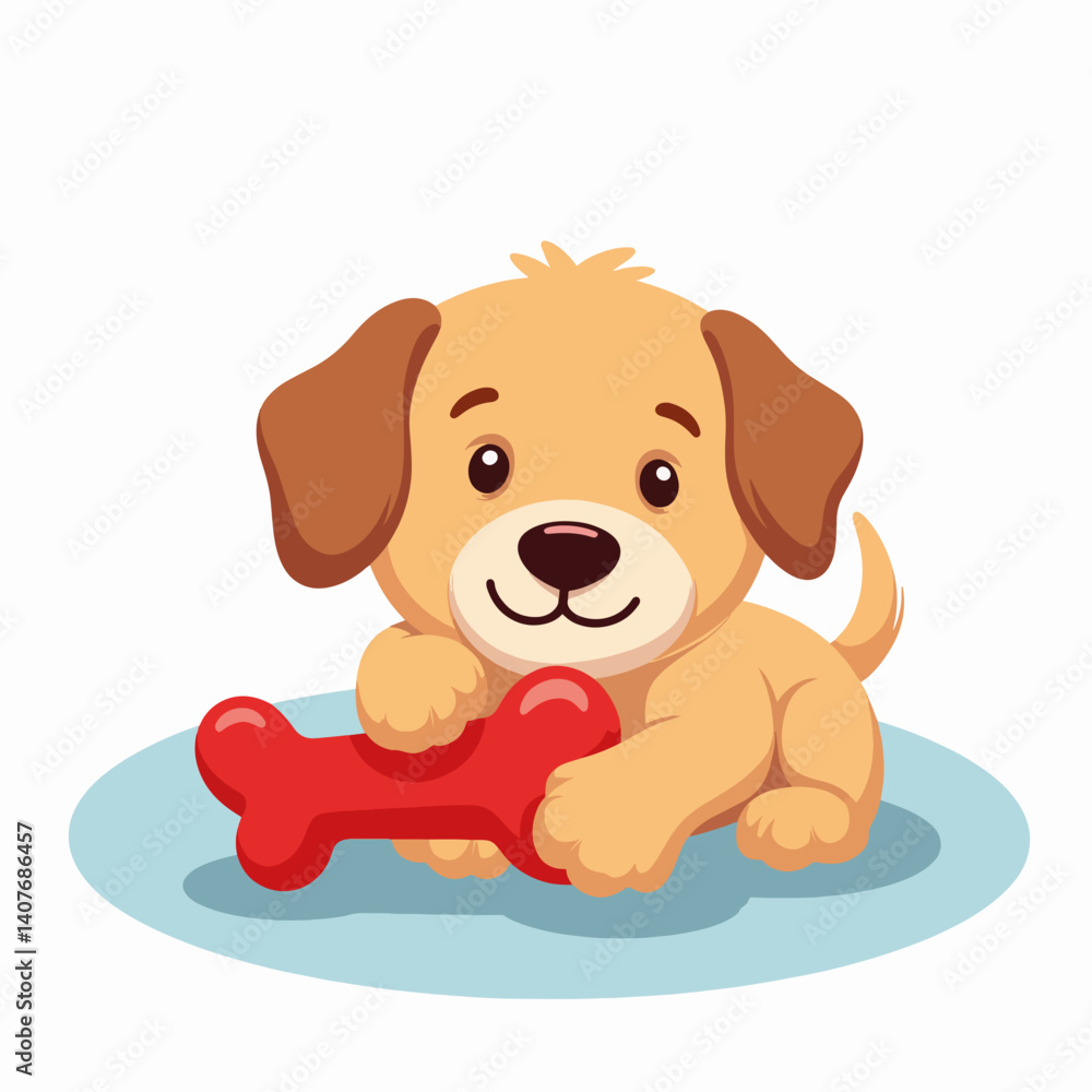 Cute puppy playing with red chew toy on blue floor, joyful companionship Cute puppy playing with red chew toy on blue floor, joyful companionship