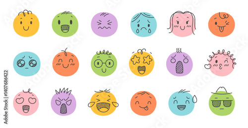 Obraz na płótnie Hand drawn color emoji. Sketchy doodle faces with different emotions, mood expressions, funny smiling, sad stylized heads, social media avatar, stickers classy vector isolated cartoon set w salonie