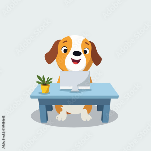 Cheerful dog sitting at computer desk, playful workspace concept