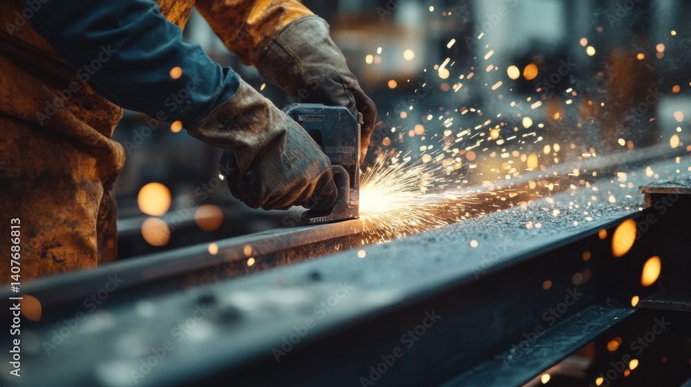 Steelworker cutting steel beams at a construction site. Featuring strength and precision Steelworker cutting steel beams at a construction site. Featuring strength and precision