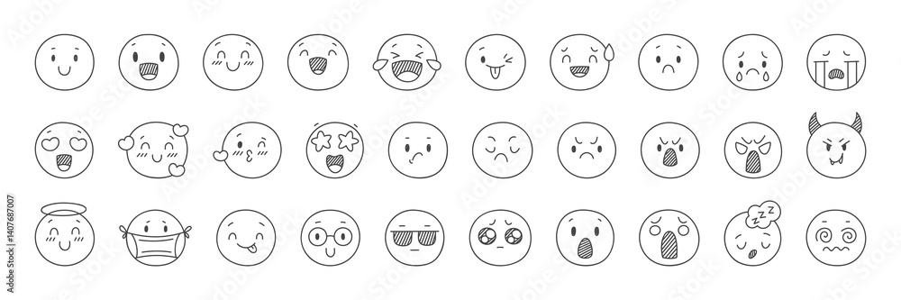 Doodle emoji set. Hand drawn smiling, crying, screaming, sad faces, different emotion in outline style, mood expressions. Round characters, media icons classy vector isolated set Doodle emoji set. Hand drawn smiling, crying, screaming, sad faces, different emotion in outline style, mood expressions. Round characters, media icons classy vector isolated set