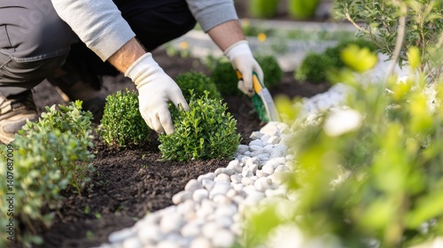 Landscaping technician planting shrubs in a commercial garden. Featuring sustainability and design