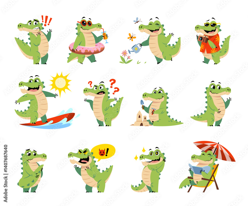 Cartoon crocodile. Funny kids alligator character, different poses, actions, moods, cute reptile mascot, tropical animal on summer vacations, comic tropical print, tidy vector isolated set