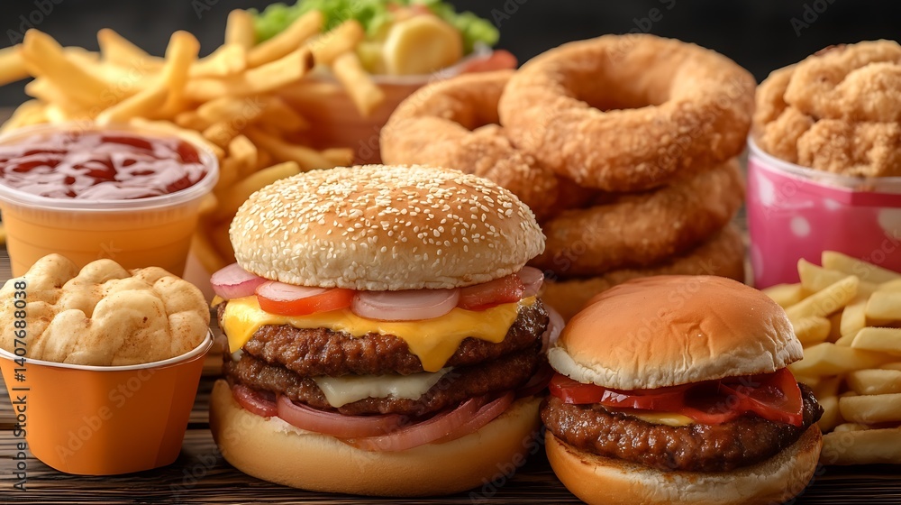 An appealing arrangement of hearty burgers and appetizers along with tasty sides that invite enjoyment and satisfaction : Generative AI