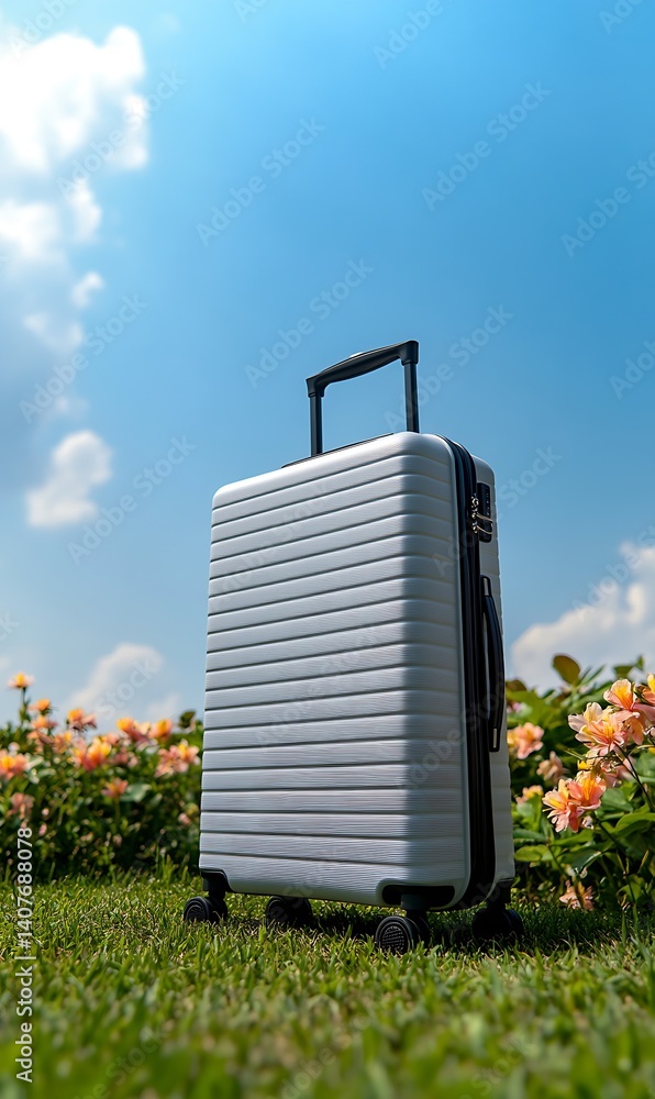 Elegant Hard Shell Suitcase Standing Tall Amidst Colorful Flower Garden on a Bright Sunny Day : Generative AI