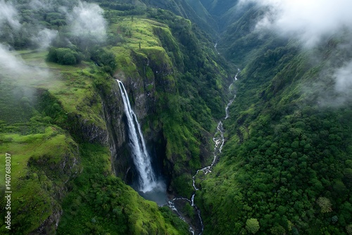 Spectacular aerial capture of a waterfall tumbling into a misty gorge with lush landscapes