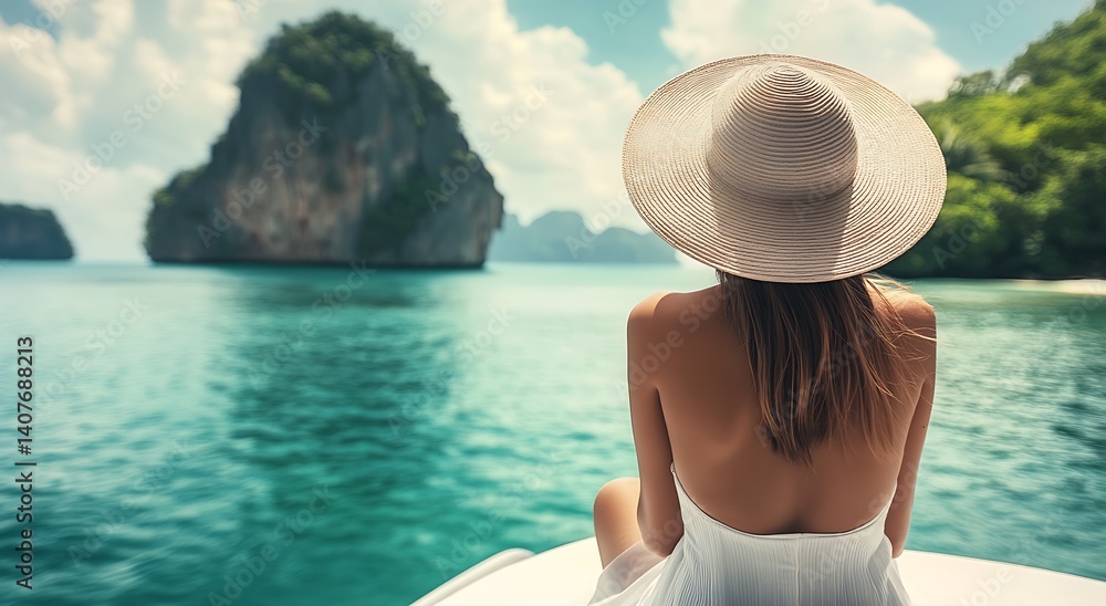 Stylish woman with a sunhat enjoying a serene moment on a boat while looking at beautiful islands : Generative AI