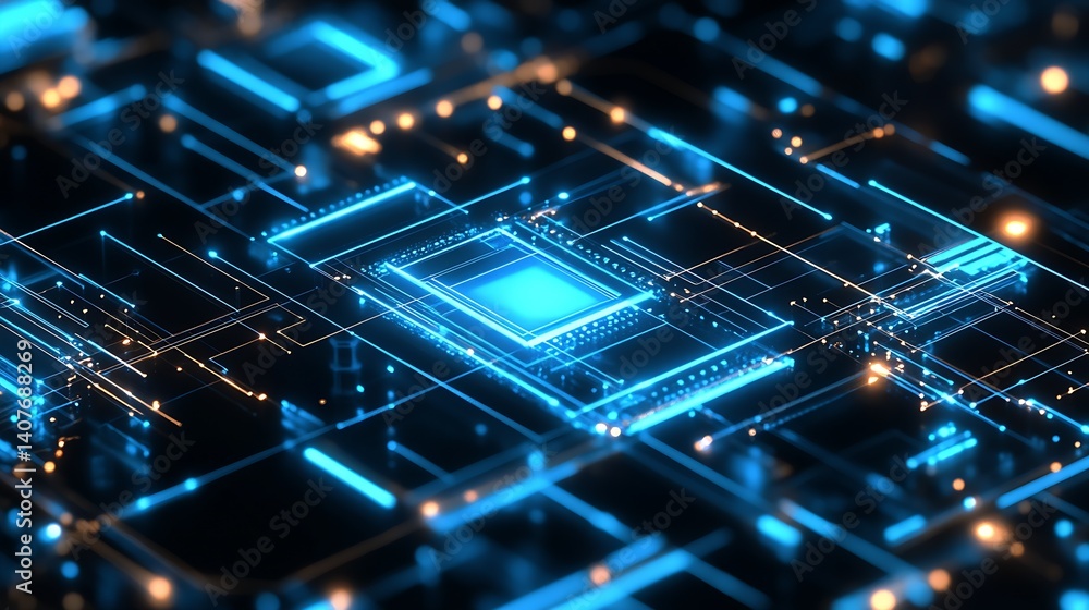 High-tech circuit board design with a glowing blue microchip at the center : Generative AI