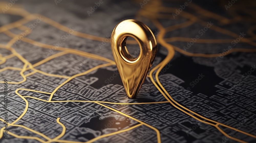 Sleek golden pin positioned on a rich map highlighting intricate pathways and routes : Generative AI