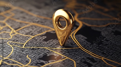 Obraz na płótnie Sleek golden pin positioned on a rich map highlighting intricate pathways and routes : Generative AI w salonie