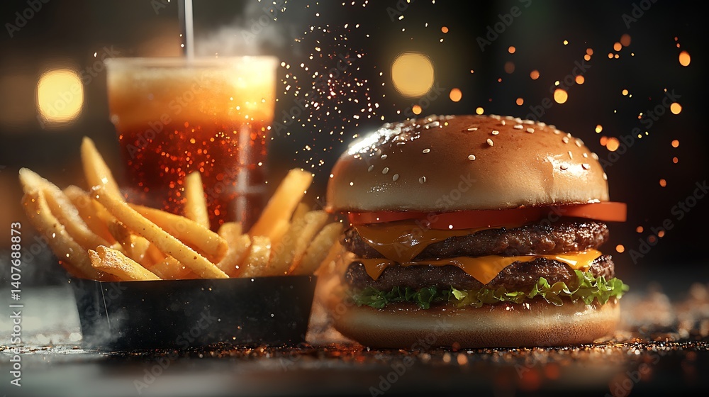 Juicy beef burger topped with cheese and served with fries and a refreshing soda drink : Generative AI