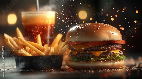 Obraz na płótnie Juicy beef burger topped with cheese and served with fries and a refreshing soda drink : Generative AI w salonie