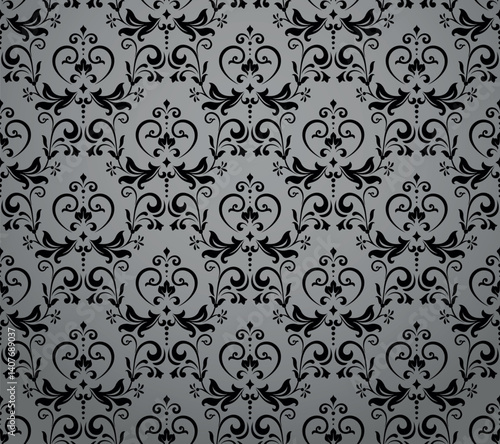 Wallpaper in the style of Baroque. Gray and black floral ornament. Seamless vector background. Graphic pattern for fabric, wallpaper, packaging. Ornate Damask flower illustration