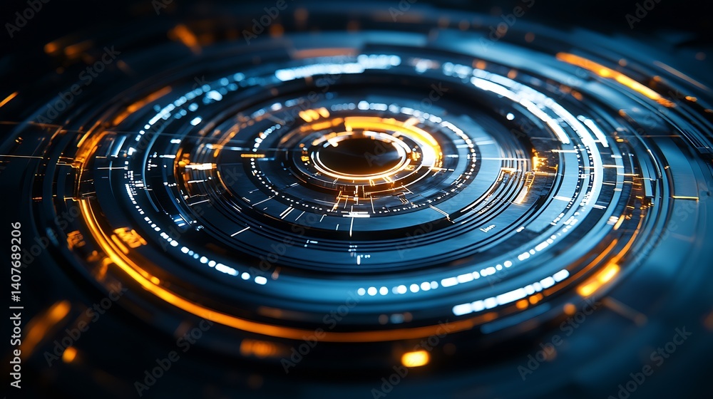 Close-up view of advanced circular digital technology showcasing glowing patterns and details : Generative AI