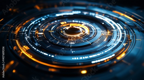 Obraz na płótnie Close-up view of advanced circular digital technology showcasing glowing patterns and details : Generative AI w salonie