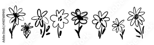 Sketchy hand drawn spring flowers, leafs, plants. Vector ink illustration for wedding invitations, happy birthday card design. Gouache stroke brush petals. 