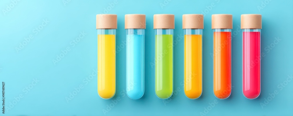 Fototapeta premium Colorful test tubes filled with liquids displayed against a light blue background.