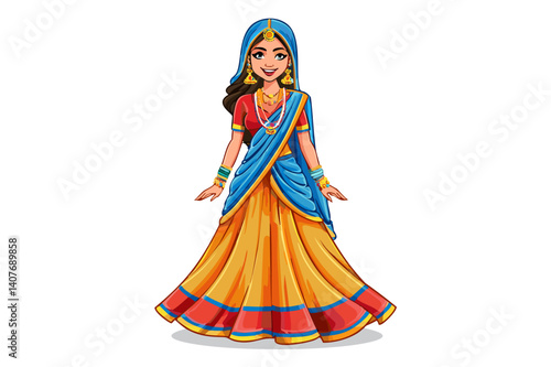 Illustration depicts a woman In traditional indian attire gracefully, Indian female in traditional saree and modern fashion clothes standing with smiles together, pretty woman with jewelry