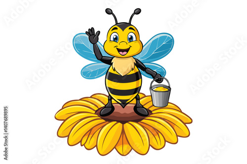 European honey bee (Apis mellifera), cartoon cute happy bee with a bucket of honey waving its hand and standing on a yellow flower