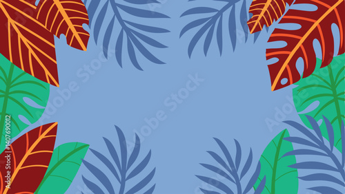 Tropical Foliage Burgundy, Green, Blue Leaves on Light Blue Background Design