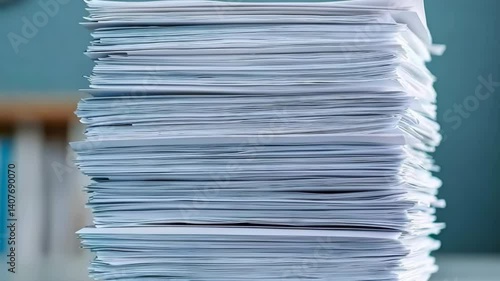 A stack of resumes being lifted by a hand, modern minimalist office desk with light gray tones, soft lighting, realistic, close-up with space for text.