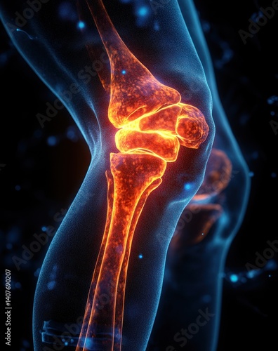 Human Knee Joint Pain Injury Medical Illustration With Glowing Red Indication And Cool Blue Aura