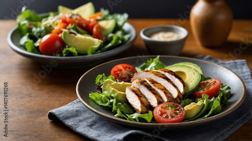 Close-up view of a healthy dish arranged neatly on a wooden table. The plate contains a fresh salad with grilled chicken, avocado, tomatoes, and other fresh ingredients.