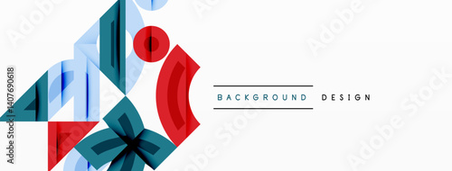 Abstract geometric shapes overlap, creating dynamic composition. Red, teal, blue hues dominate design. Minimalist style suits modern backgrounds, presentations. Clean lines define forms.
