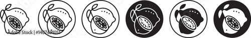  Set of Lemon Slices in Black and White Icons: Different Angle Views