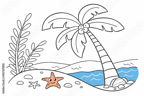 kids coloring page, a beach with a coconut tree and starfish, cartoonish, friendly, thick outlines