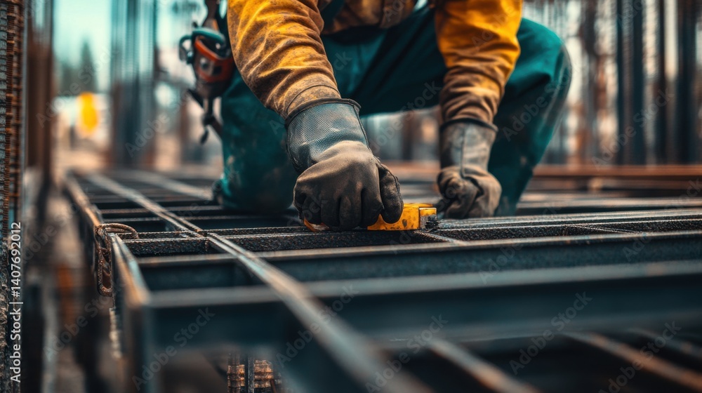 Steelworker securing a metal frame at a construction site. Featuring strength and technical skill Steelworker securing a metal frame at a construction site. Featuring strength and technical skill