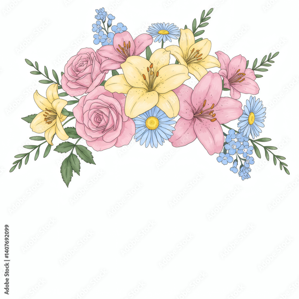 Fototapeta premium Colorful floral arrangement featuring roses and lilies 