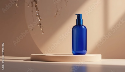 Blue Cosmetic Toner Spray Bottle Mockup on Beige Background – Minimalist Skincare Packaging Concept