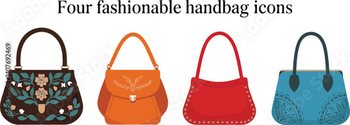  Set of Four Fashionable Handbag Icons - Colorful Designer Bags with Floral and Stylish Details