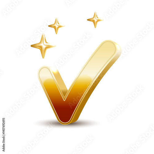 Golden Check Mark Vector Sign Illustration in white background with gold shine effect