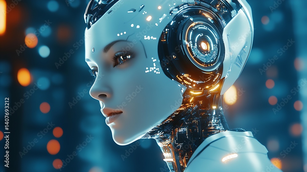 Elegant female android with futuristic features and captivating robotic design set against bright backdrop : Generative AI