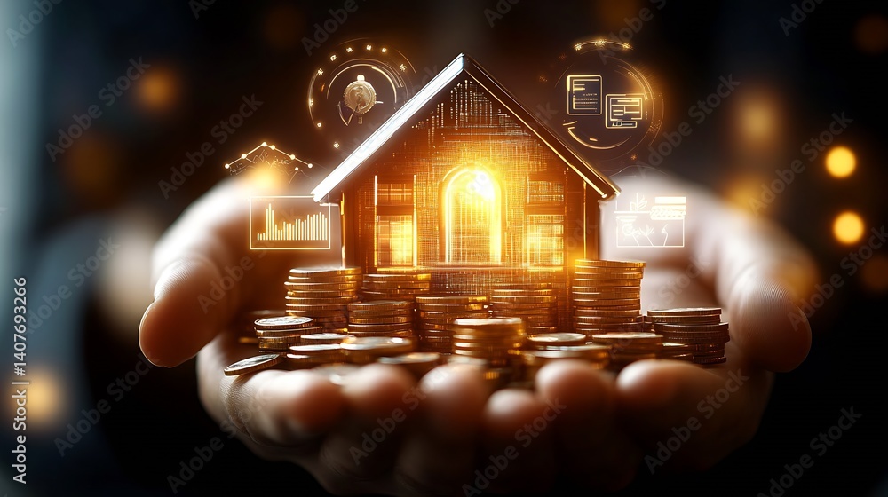 Illustration of a house glowing with financial indicators and coins representing real estate market trends : Generative AI