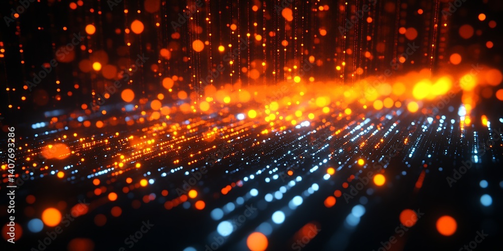 Dynamic and colorful representation of flowing lights in shades of orange and blue creating a tech-inspired background : Generative AI