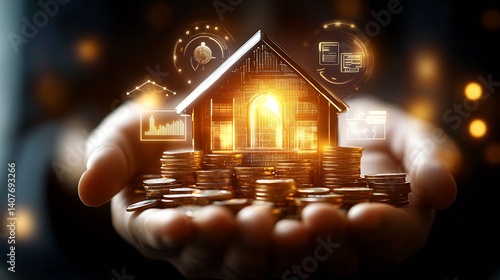 Obraz na płótnie Illustration of a house glowing with financial indicators and coins representing real estate market trends : Generative AI w salonie