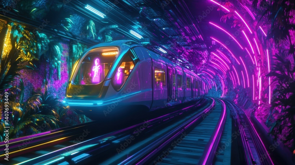 Fototapeta premium Futuristic train traveling through a vibrant neon-lit subway tunnel at night in a modern city