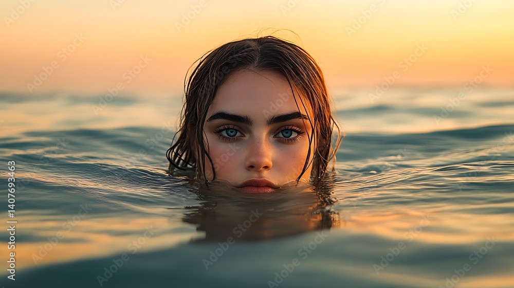 Striking Image of a Young Woman Emerging from Sunlit Ocean Water at Dusk : Generative AI