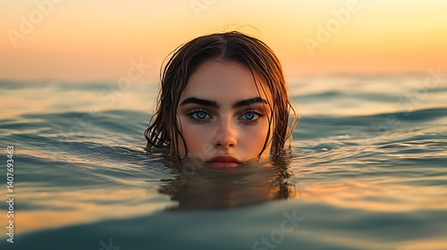 Obraz na płótnie Striking Image of a Young Woman Emerging from Sunlit Ocean Water at Dusk : Generative AI w salonie