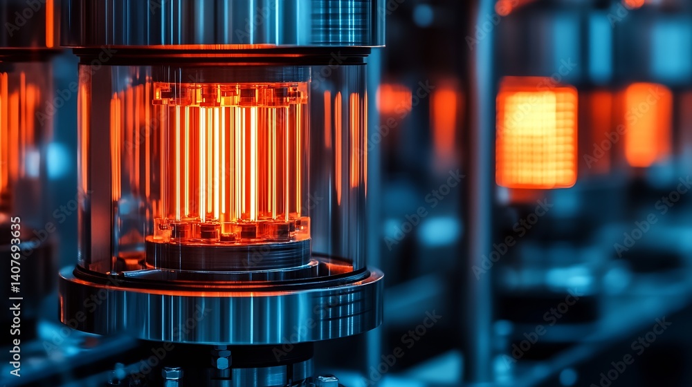 Intricate close-up of a modern electronic system featuring glowing orange tubes and high-tech components : Generative AI