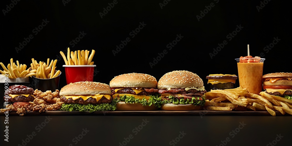 Irresistible combo meal of burgers, fries, and refreshing drinks displayed on a table : Generative AI