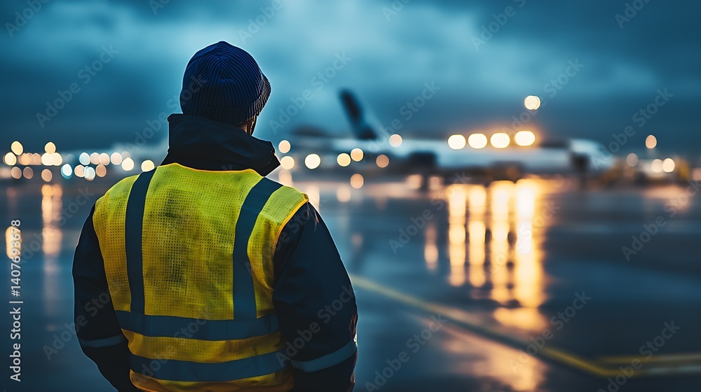 A vigilant airport staff member in a safety jacket observes aircraft operations during a wet evening at the airport : Generative AI