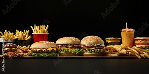 Obraz na płótnie Irresistible combo meal of burgers, fries, and refreshing drinks displayed on a table : Generative AI w salonie